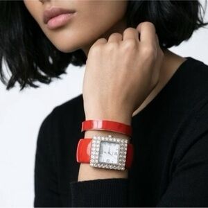 🧚🏻‍♀️ Watch & Bracelet Set Rhinestone Square Face Cuff Watch Red Bangle Bracelet